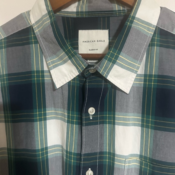 American Eagle Outfitters Men's Plaid Shirt - Green, Gray, and White - Picture 4 of 7